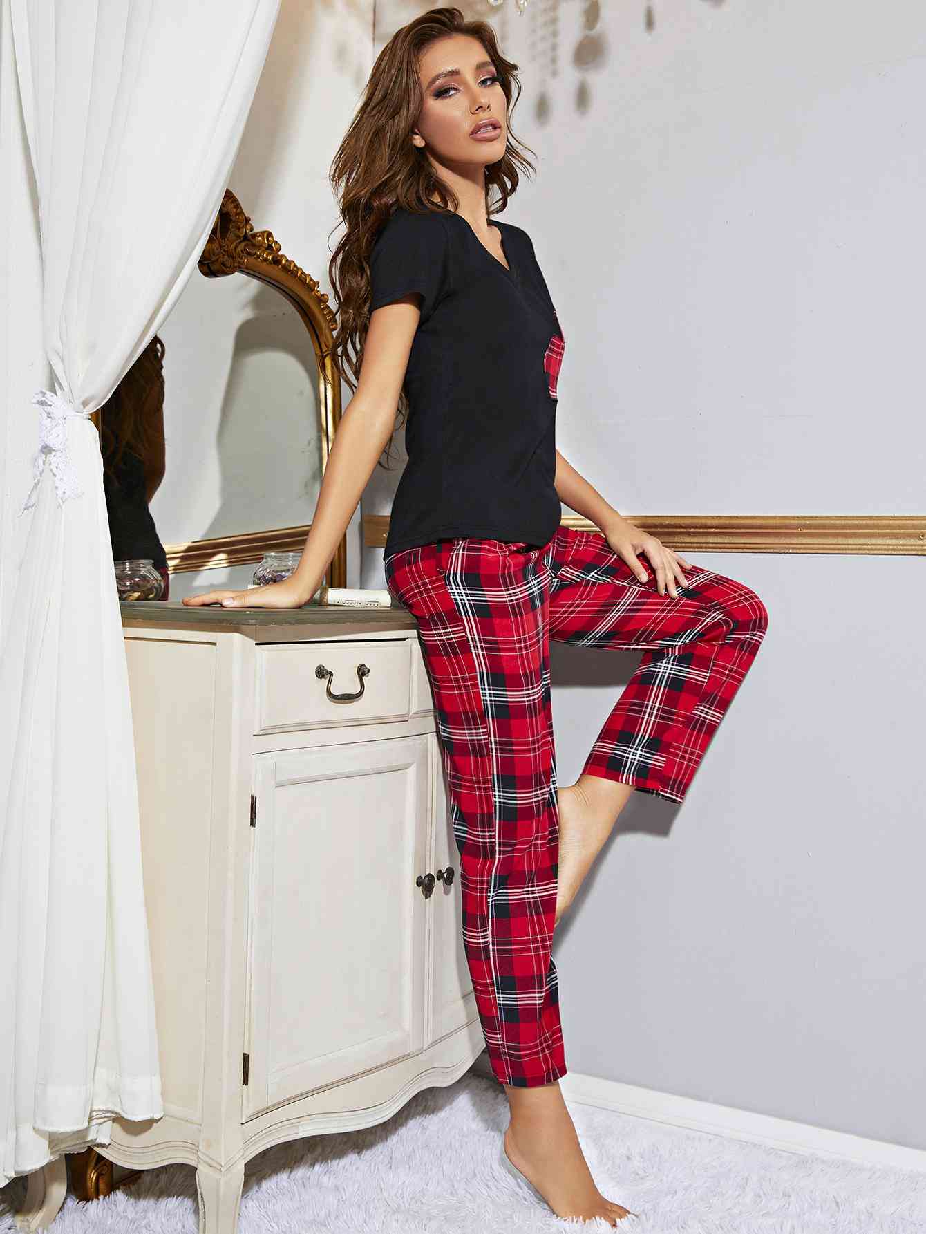 “The Plaided Sleeper” Heart Graphic V-Neck Top and Plaid Pants Lounge Set