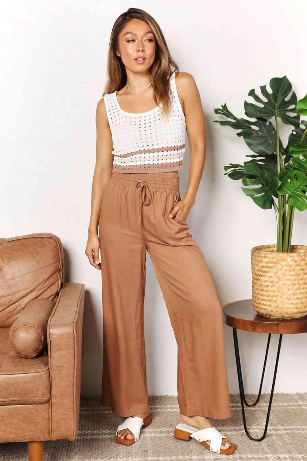 “The Super Double Take” Drawstring Smocked Waist Wide Leg Pants