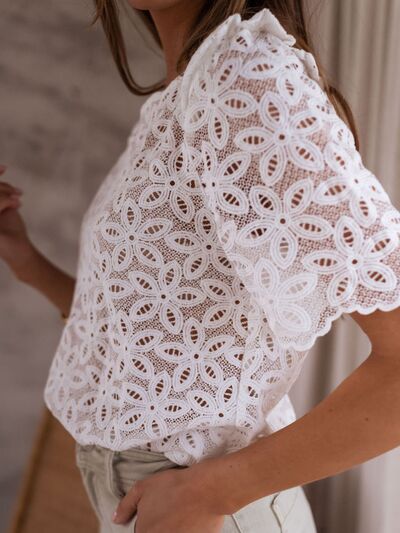 The Openwork” Round Neck Short Sleeve Blouse