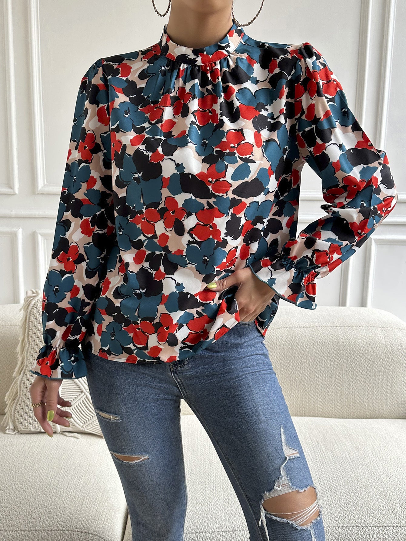 “The Art Showing” Floral Mock Neck Long Flounce Sleeve Blouse