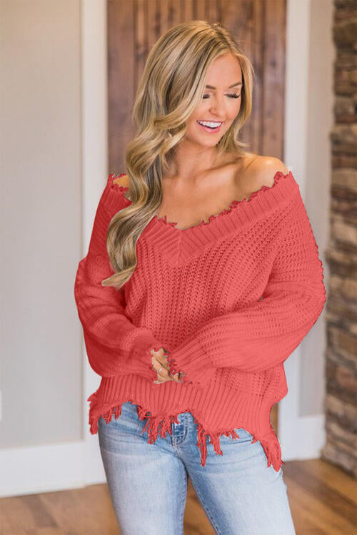 “The Deeply Loved” Frayed Hem Dropped Shoulder Sweater