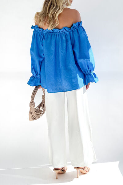 “The Cottage Cutie” Drawstring Off-Shoulder Flounce Sleeve Blouse