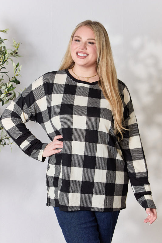 “The Checkered Celeste” Full Size Plaid Round Neck Long Sleeve T-Shirt