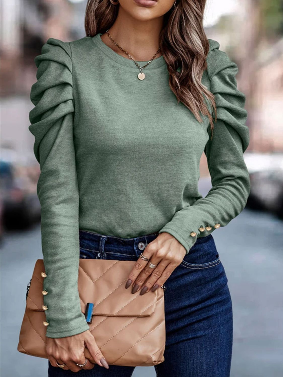 “The Steady Riser” Round Neck Puff Sleeve Sleeve Blouse