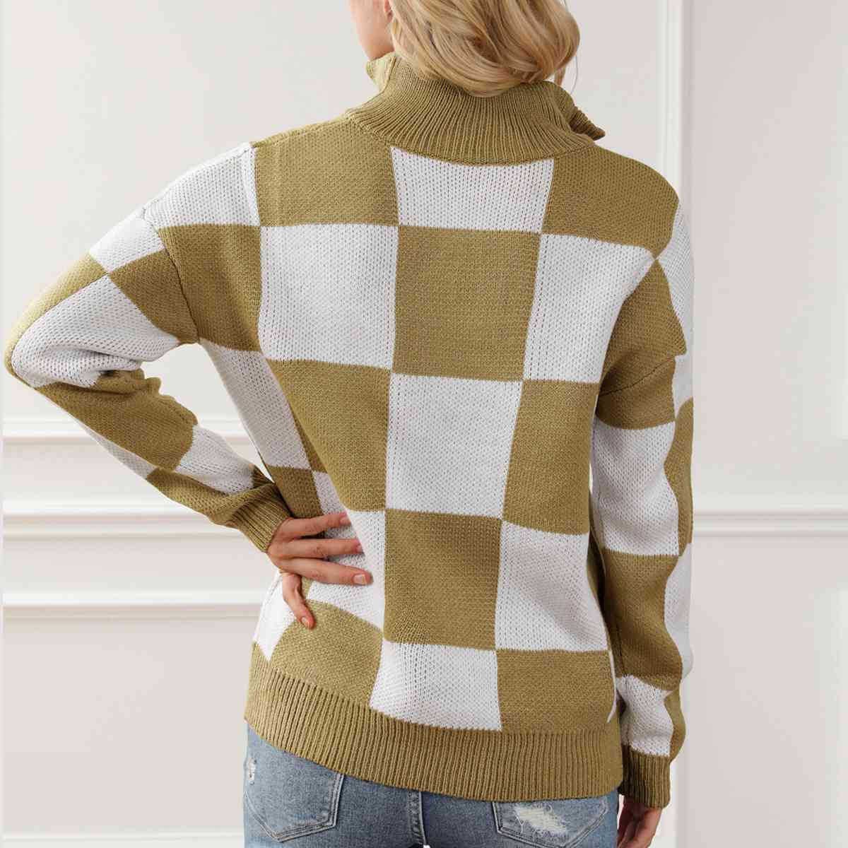 “The Chess Not Checkers” Checkered Half Zip Long Sleeve Sweater