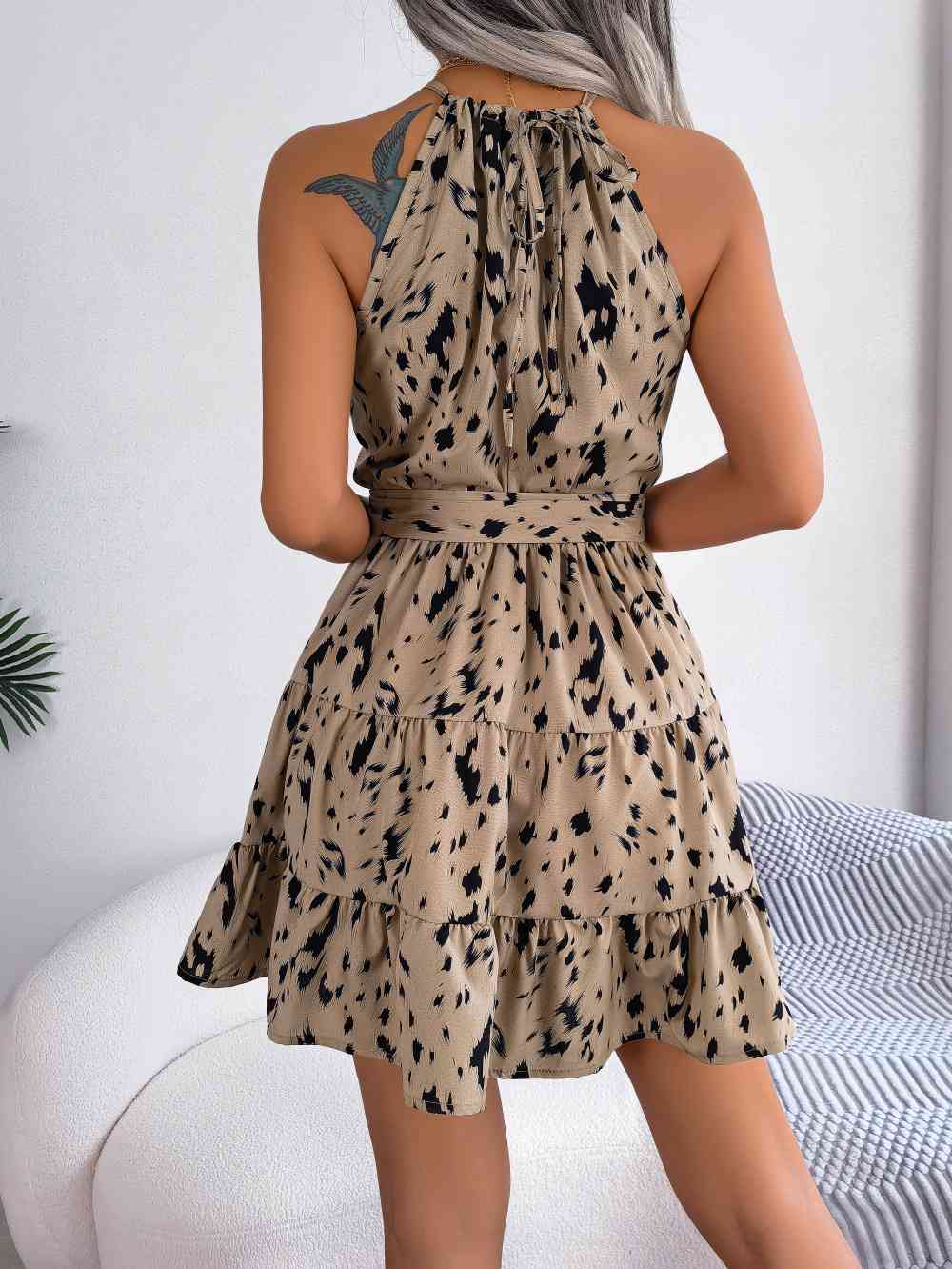 “The Flinstone” Halter Neck Printed Tie Waist Sleeveless Mini Dress