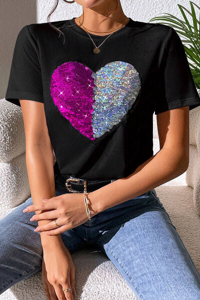 “The Hidden Heart” Sequin Round Neck Short Sleeve T-Shirt