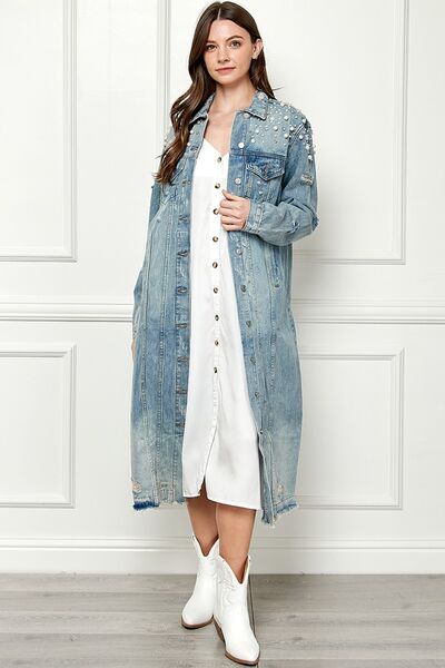 “The Veveret” Full Size Distressed Raw Hem Pearl Detail Button Up Jacket