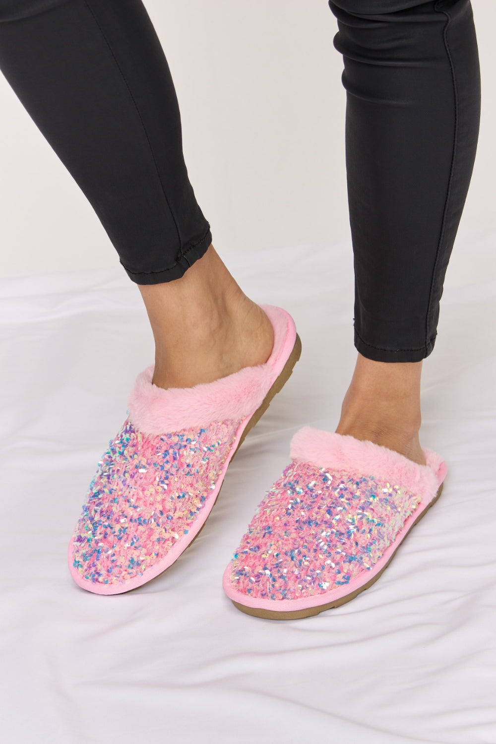 “The Pink Slip” Link Sequin Plush Round Toe Slippers