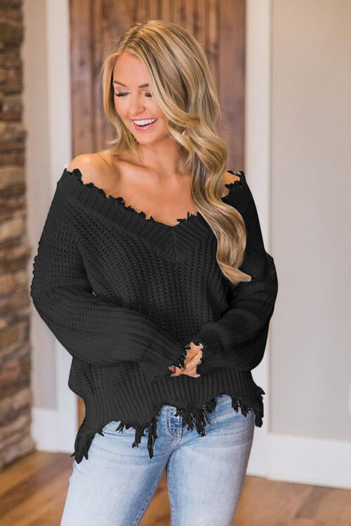 “The Deeply Loved” Frayed Hem Dropped Shoulder Sweater