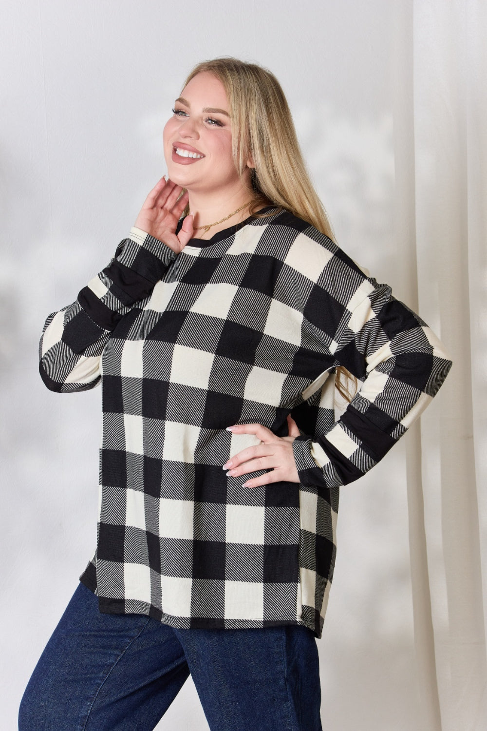 “The Checkered Celeste” Full Size Plaid Round Neck Long Sleeve T-Shirt