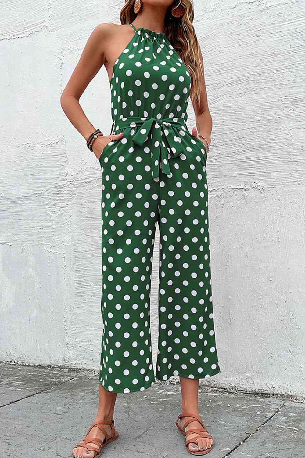 “The Corporate Picnic” Polka Dot Grecian Wide Leg Jumpsuit