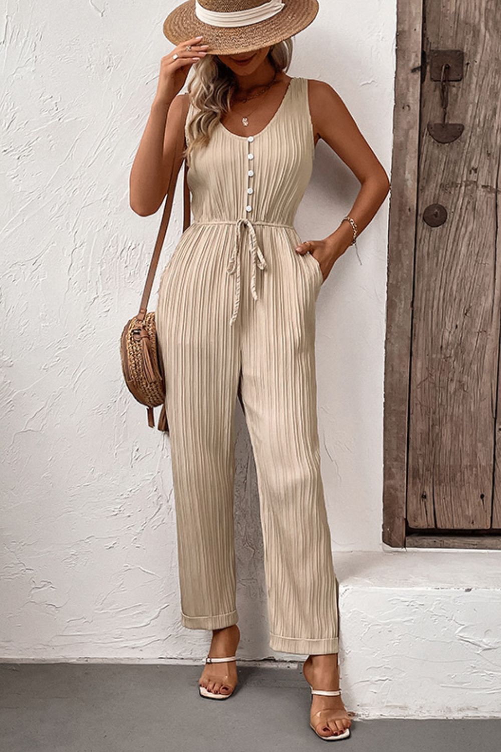 “The Aria” Textured Sleeveless Jumpsuit with Pockets