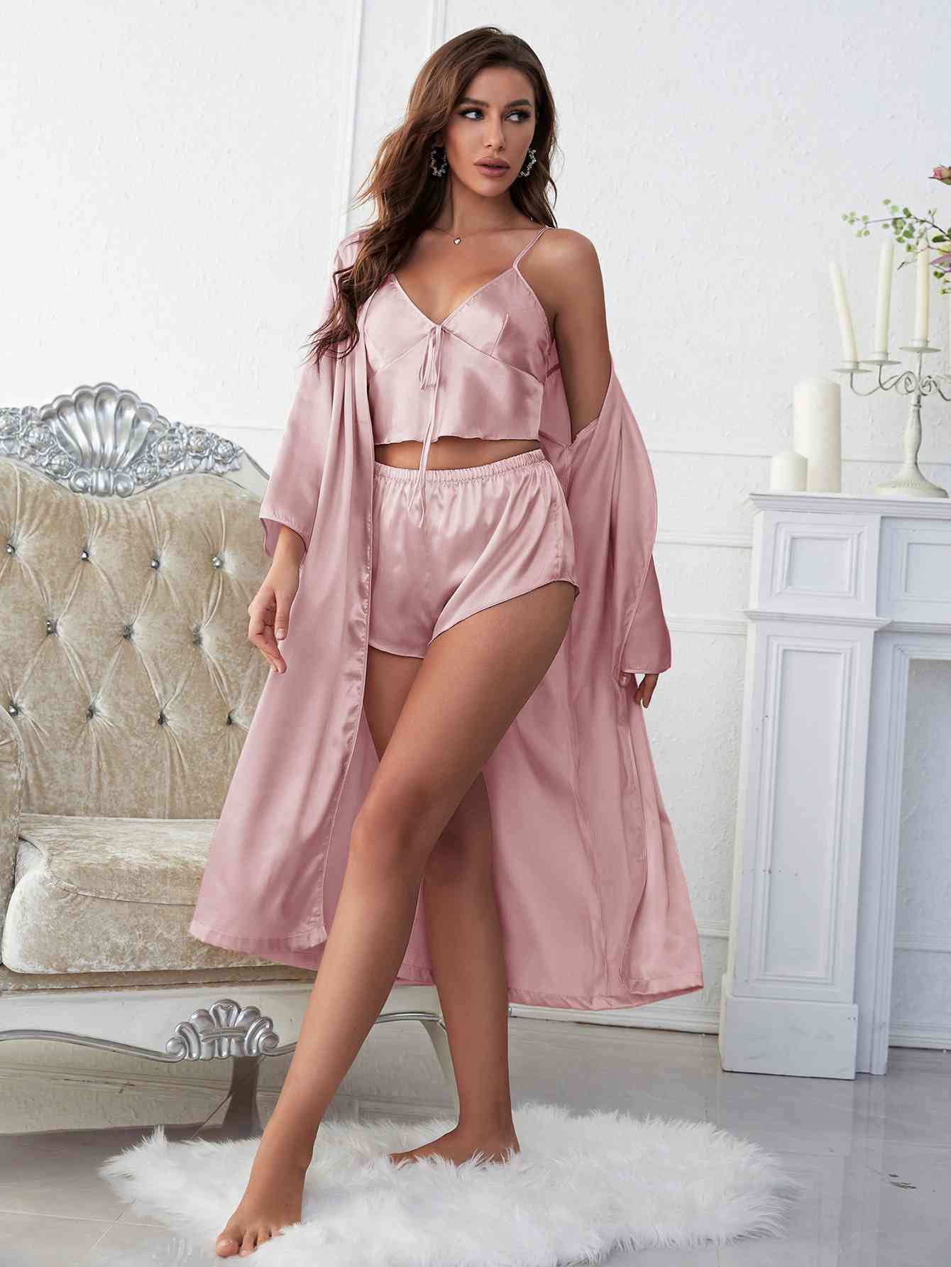 “The Stacey” Satin V-Neck Cami, Shorts, and Belted Robe Pajama Set