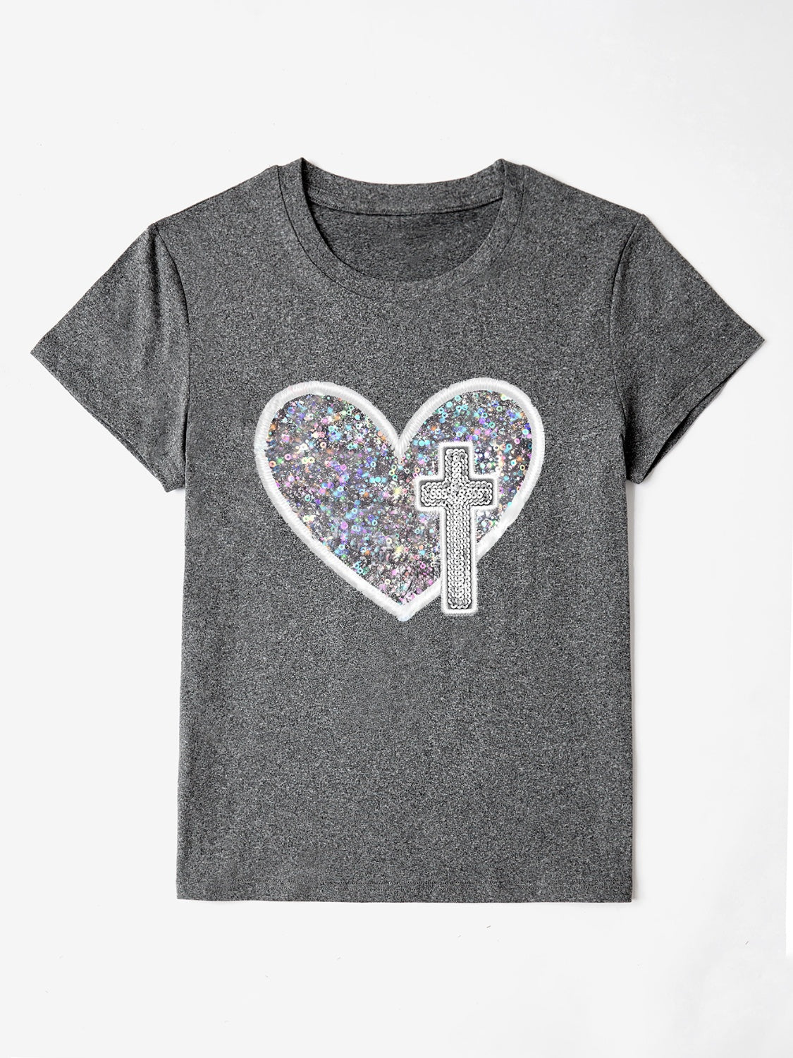 “The Glory” Sequin Heart Round Neck Short Sleeve T-Shirt