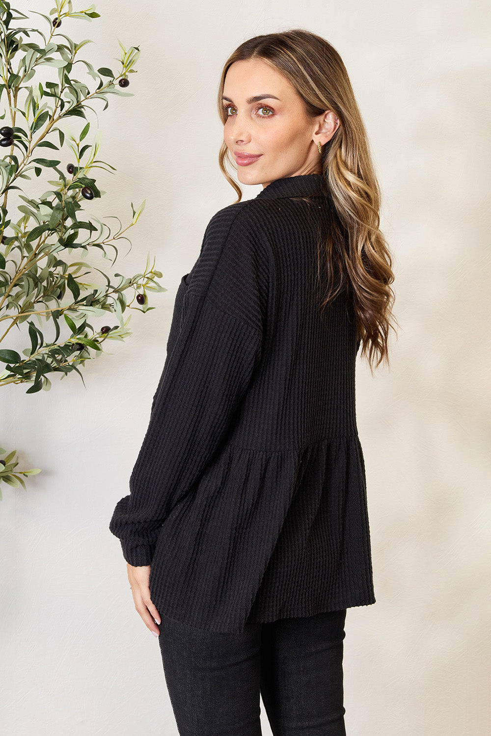 “The Bailey” Full Size Waffle-Knit Button Down Blouse