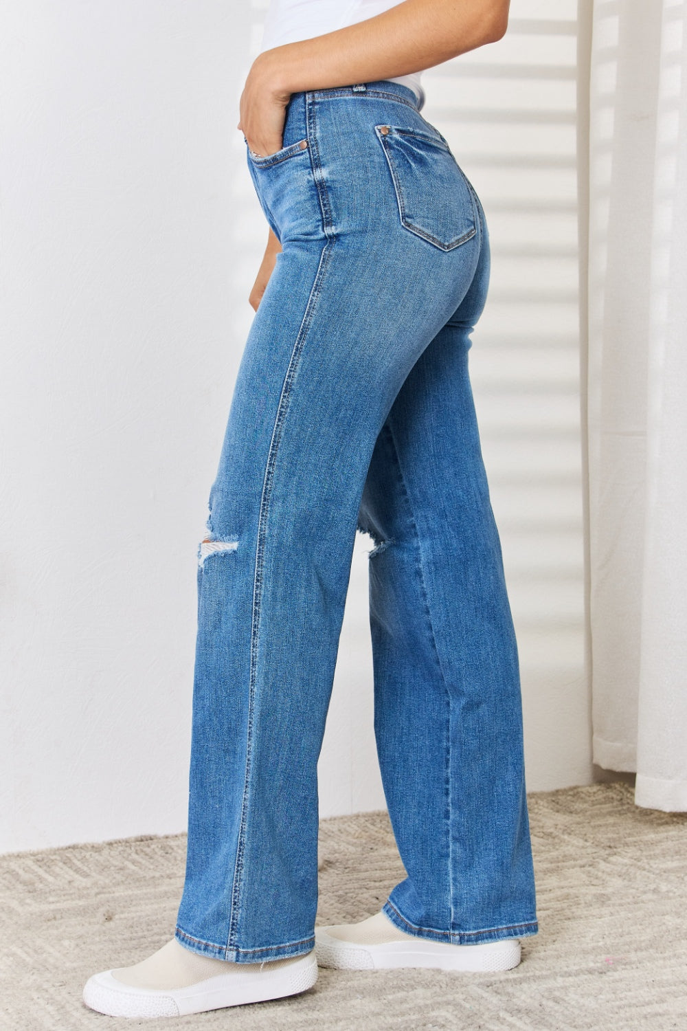 “The Stanky Leg” Full Size High Waist Distressed Straight-Leg Jeans