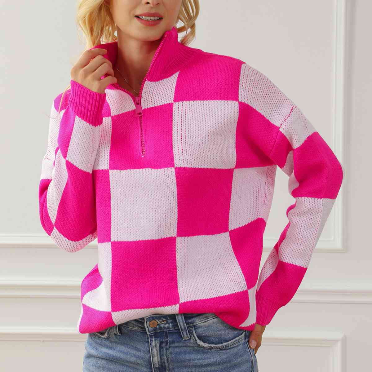 “The Chess Not Checkers” Checkered Half Zip Long Sleeve Sweater