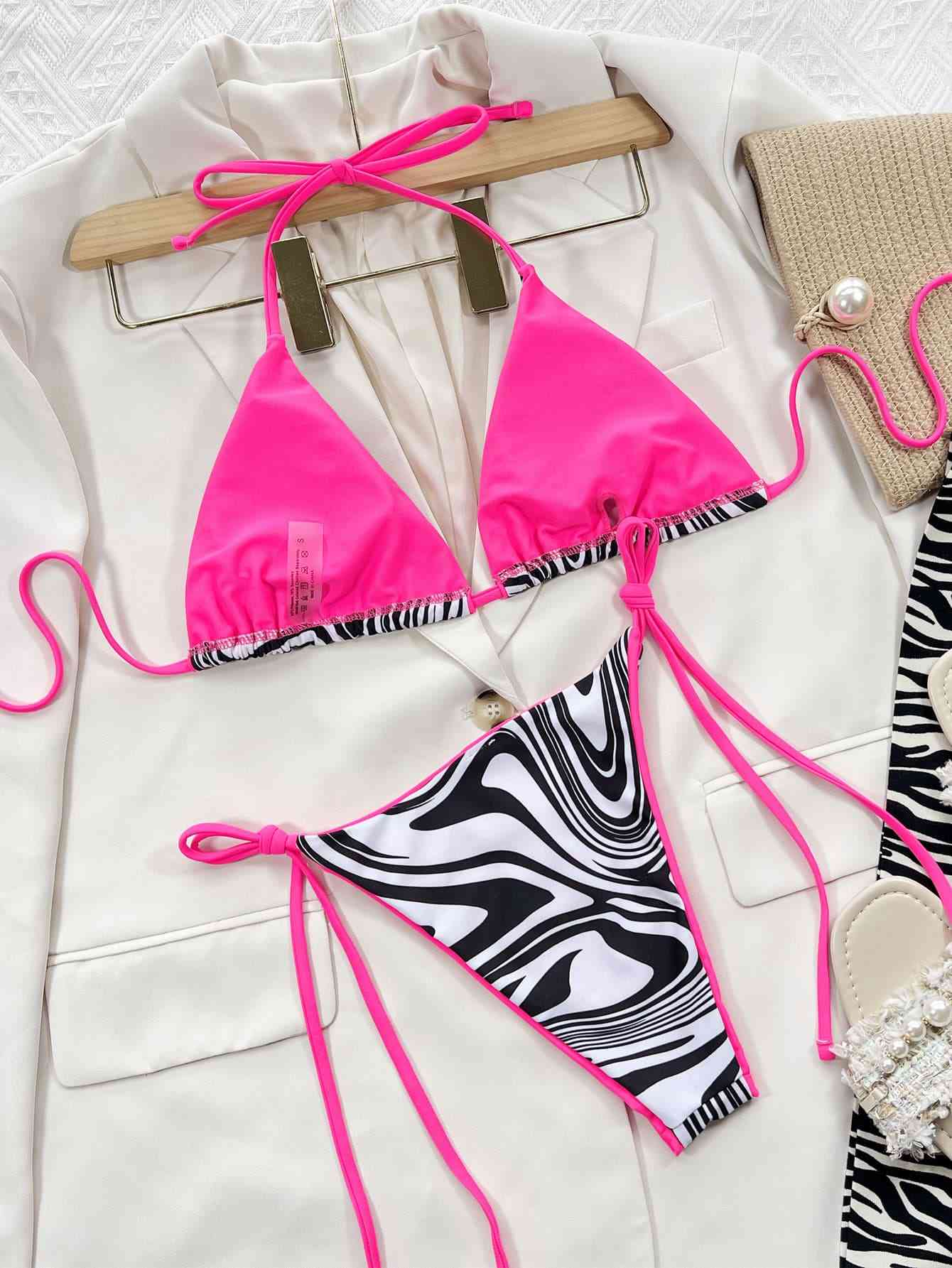 “The Neon Safari” Zebra Print Halter Neck Tie Side Bikini Set