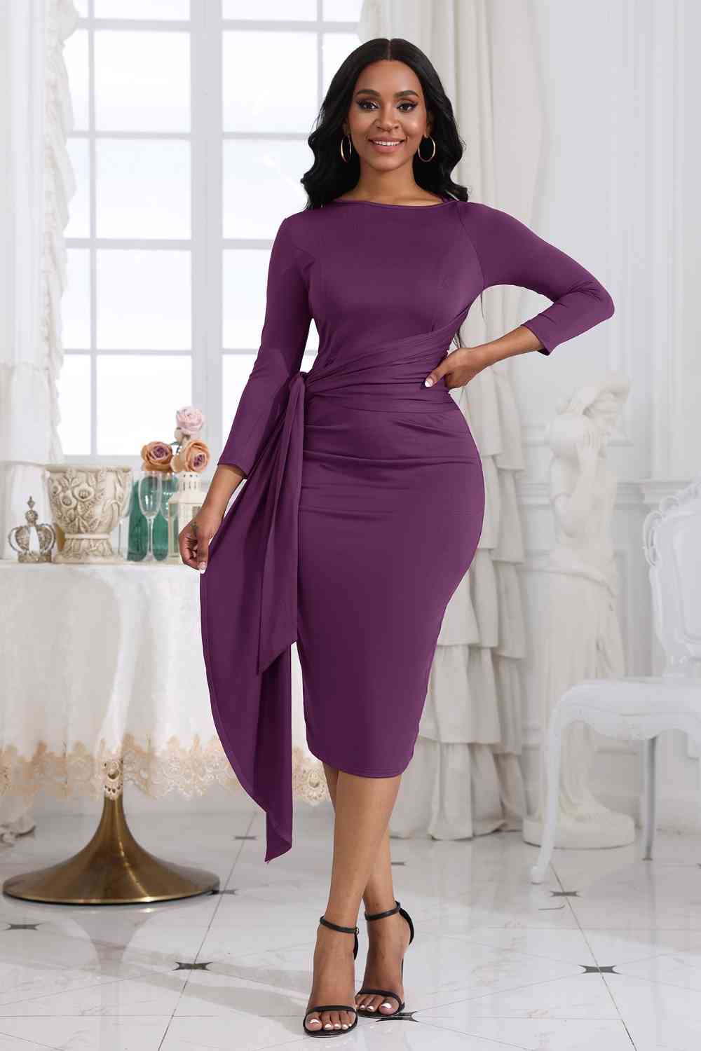 “The Devine” Tie Detail Round Neck Midi Dress