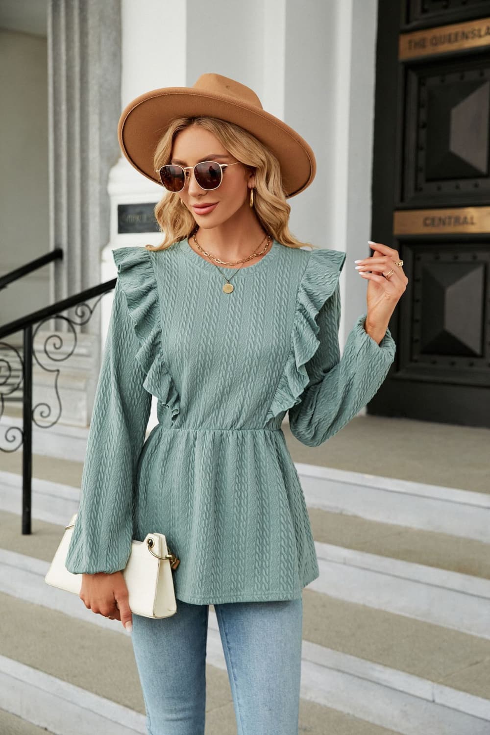 “The Peppy” Round Neck Ruffled Peplum Blouse