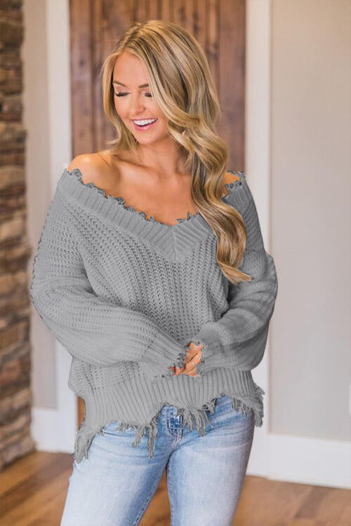 “The Deeply Loved” Frayed Hem Dropped Shoulder Sweater