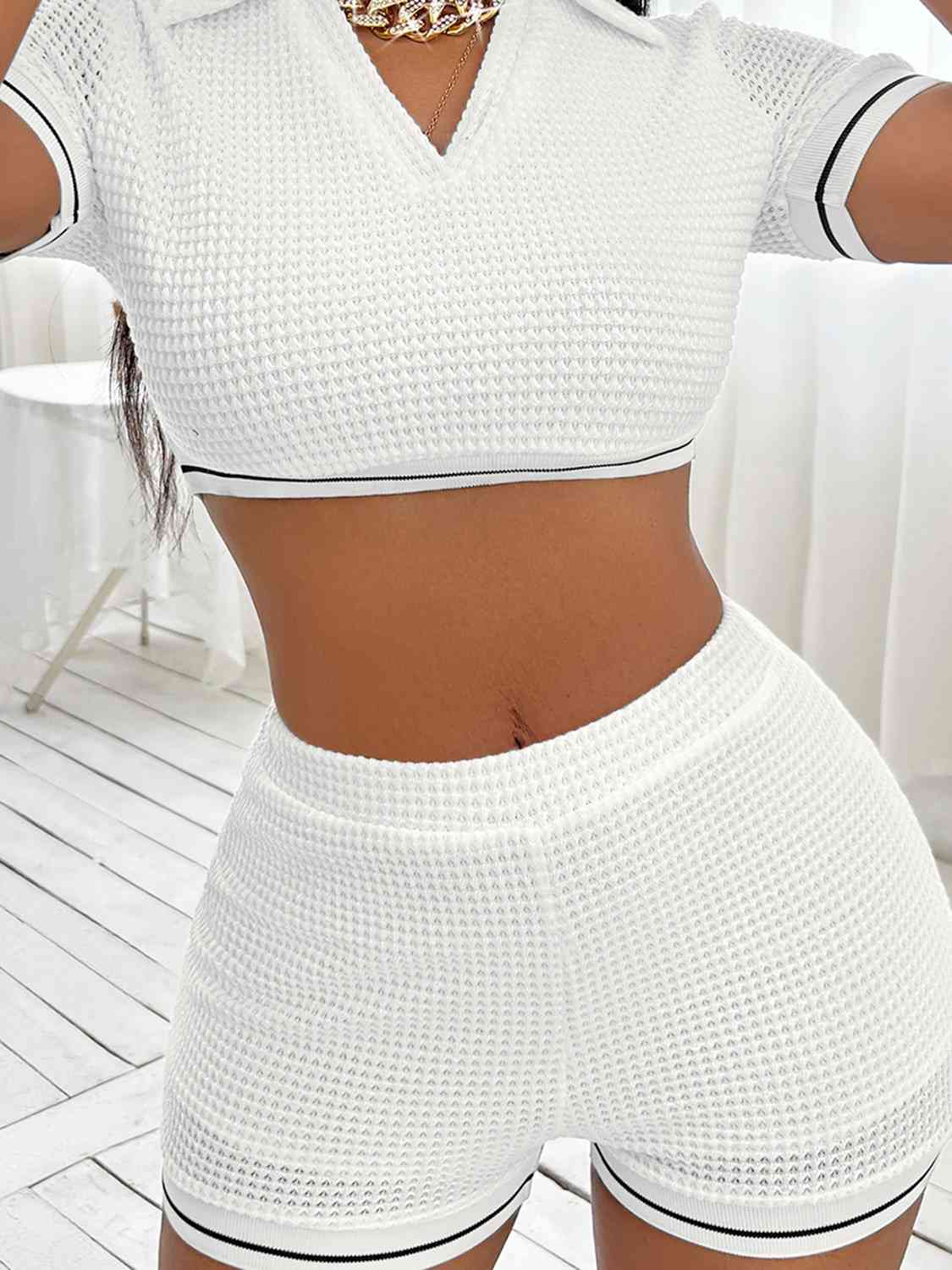 “The D’Cherelle” Waffle-Knit Collared Neck Cropped Top and Shorts Set