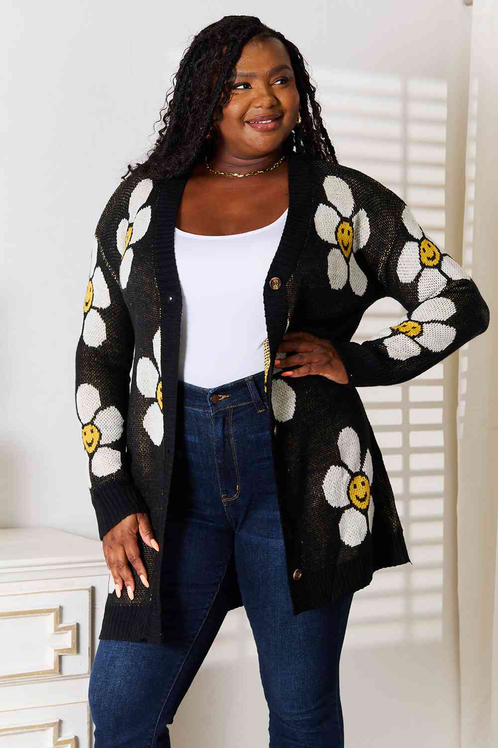 “The Double Daisy” Floral Button Down Longline Cardigan