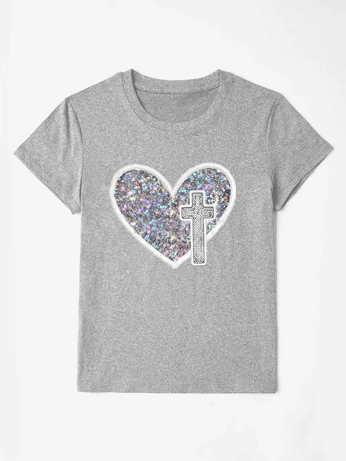 “The Glory” Sequin Heart Round Neck Short Sleeve T-Shirt