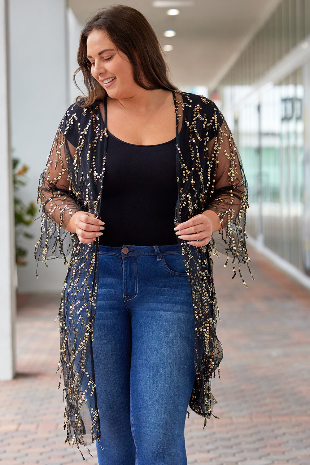 “The Dream Net” Plus Size Contrast Sequin Sheer Mesh Cardigan