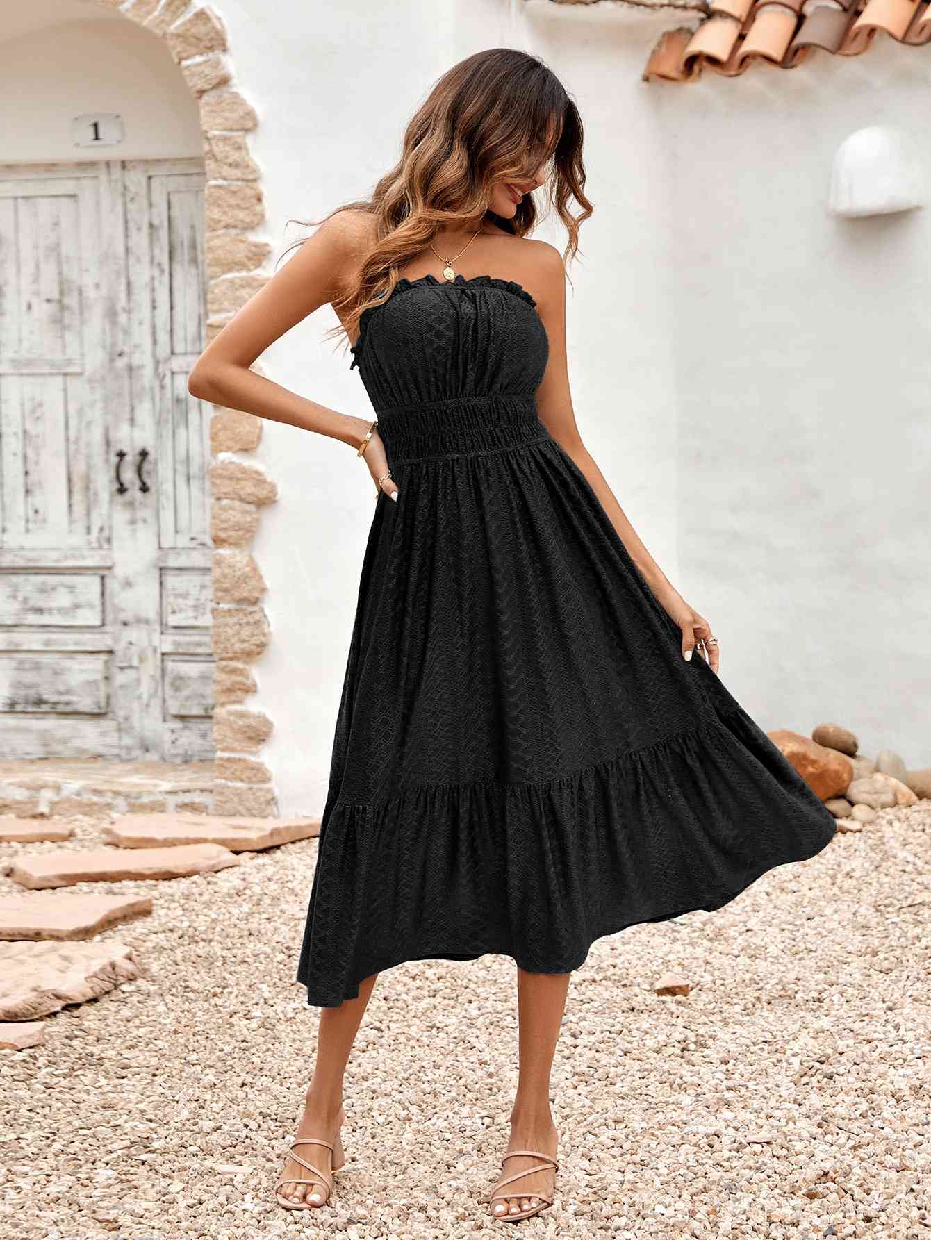 “The Baseline” Frill Trim Strapless Midi Dress