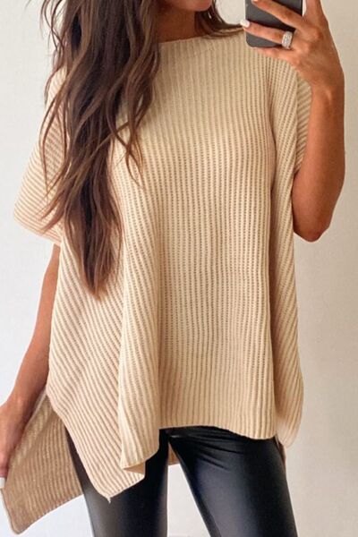 “The Waffle”-Knit Slit Short Sleeve Sweater