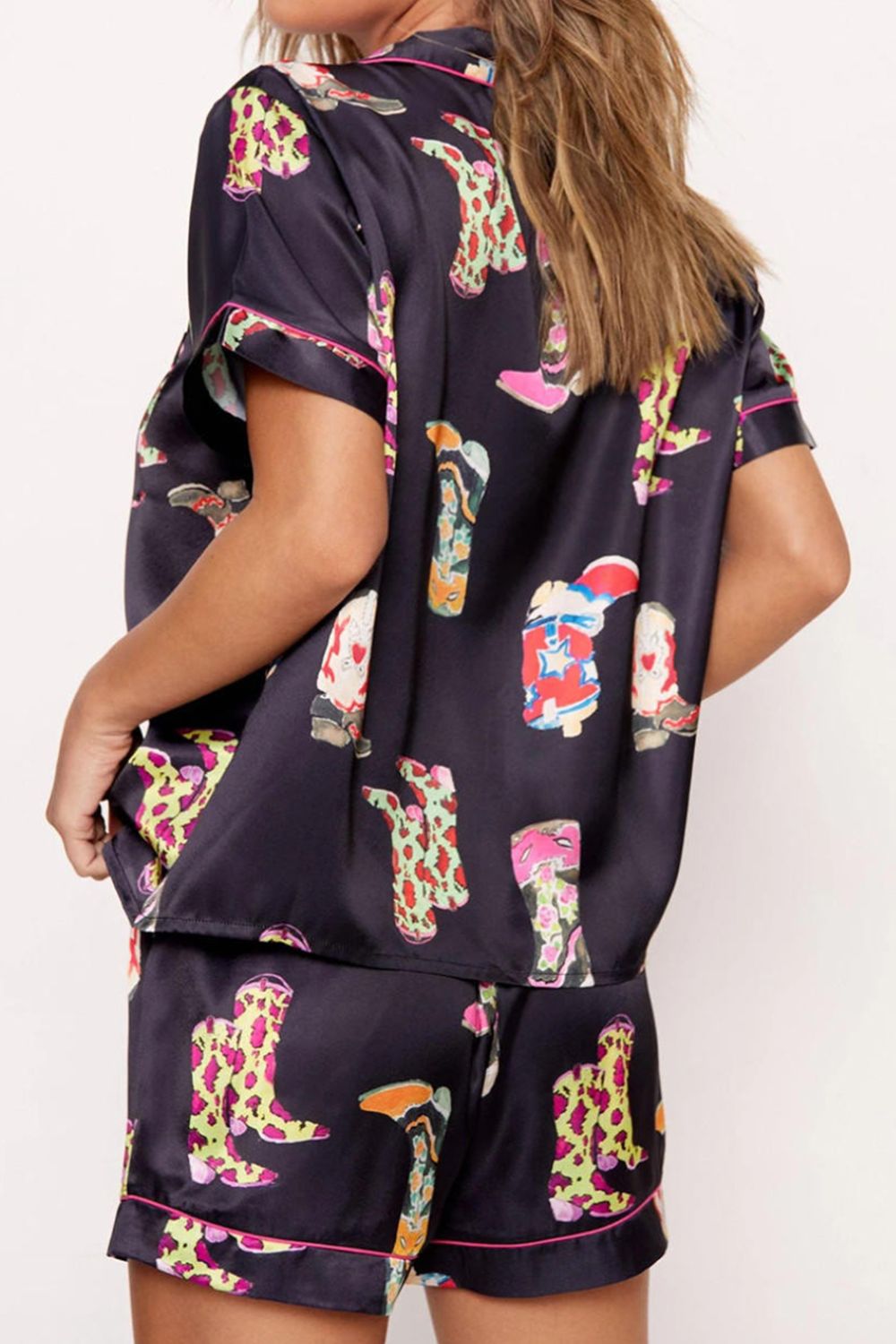 “The Sleepy Cowgirl” Printed Button Up Short Sleeve Top and Shorts Lounge Set