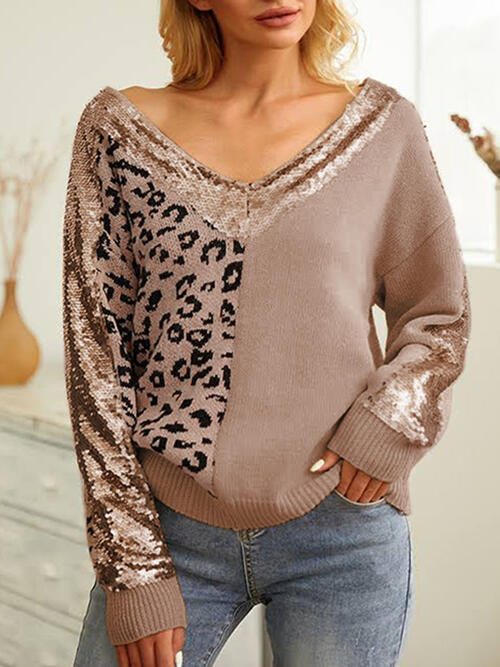 “The Sequined Growler” Leopard Sequin V-Neck Long Sleeve Sweater