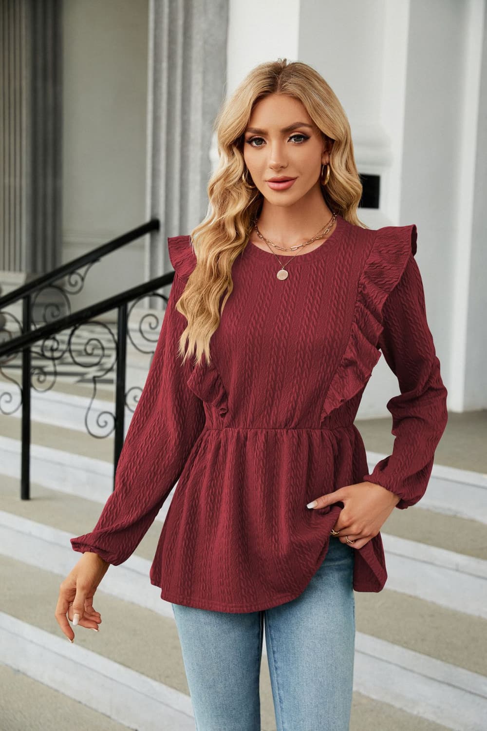 “The Peppy” Round Neck Ruffled Peplum Blouse