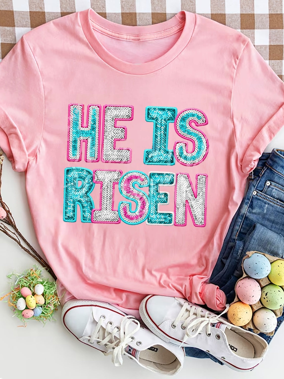 “The HE IS RISEN” Sequin Round Neck T-Shirt