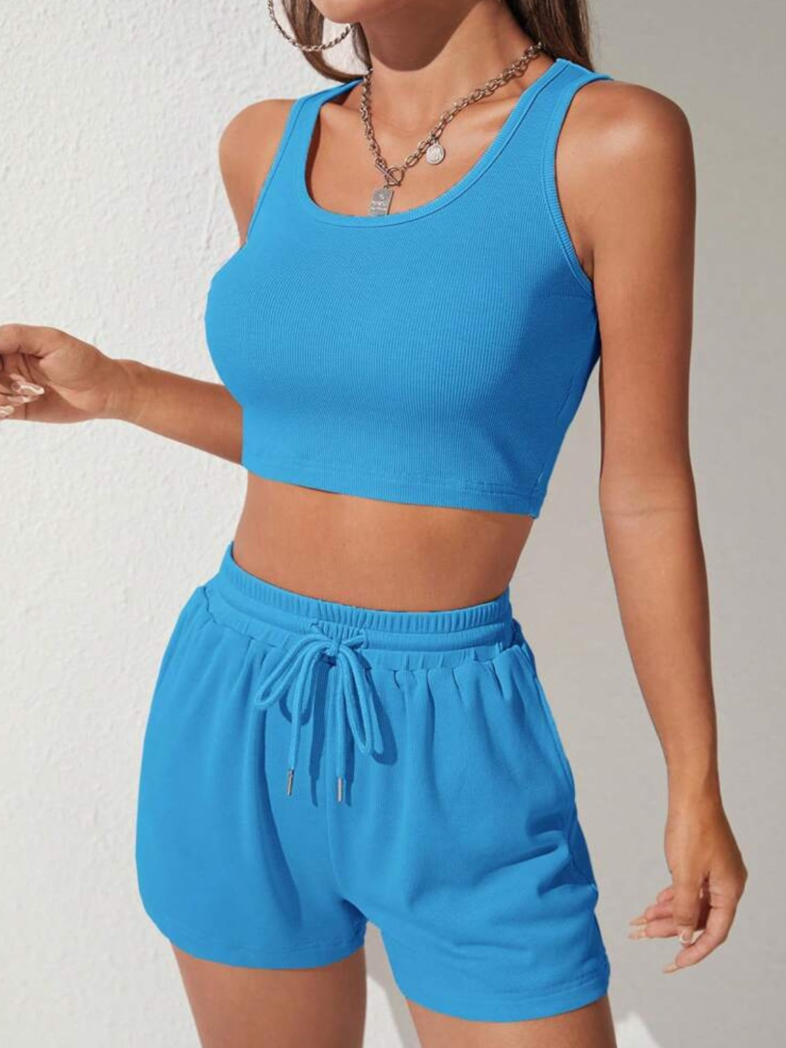 “The Kicks” Scoop Neck Wide Strap Top and Drawstring Shorts Set