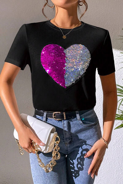 “The Hidden Heart” Sequin Round Neck Short Sleeve T-Shirt