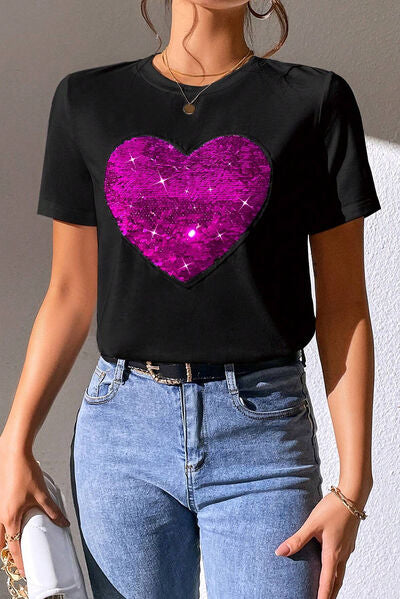 “The Hidden Heart” Sequin Round Neck Short Sleeve T-Shirt