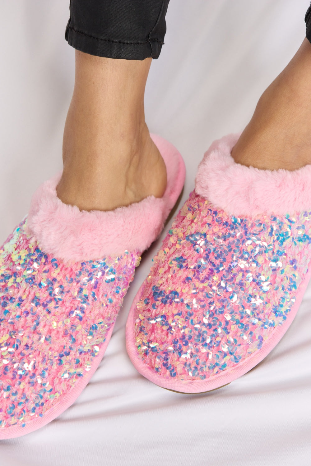 “The Pink Slip” Link Sequin Plush Round Toe Slippers