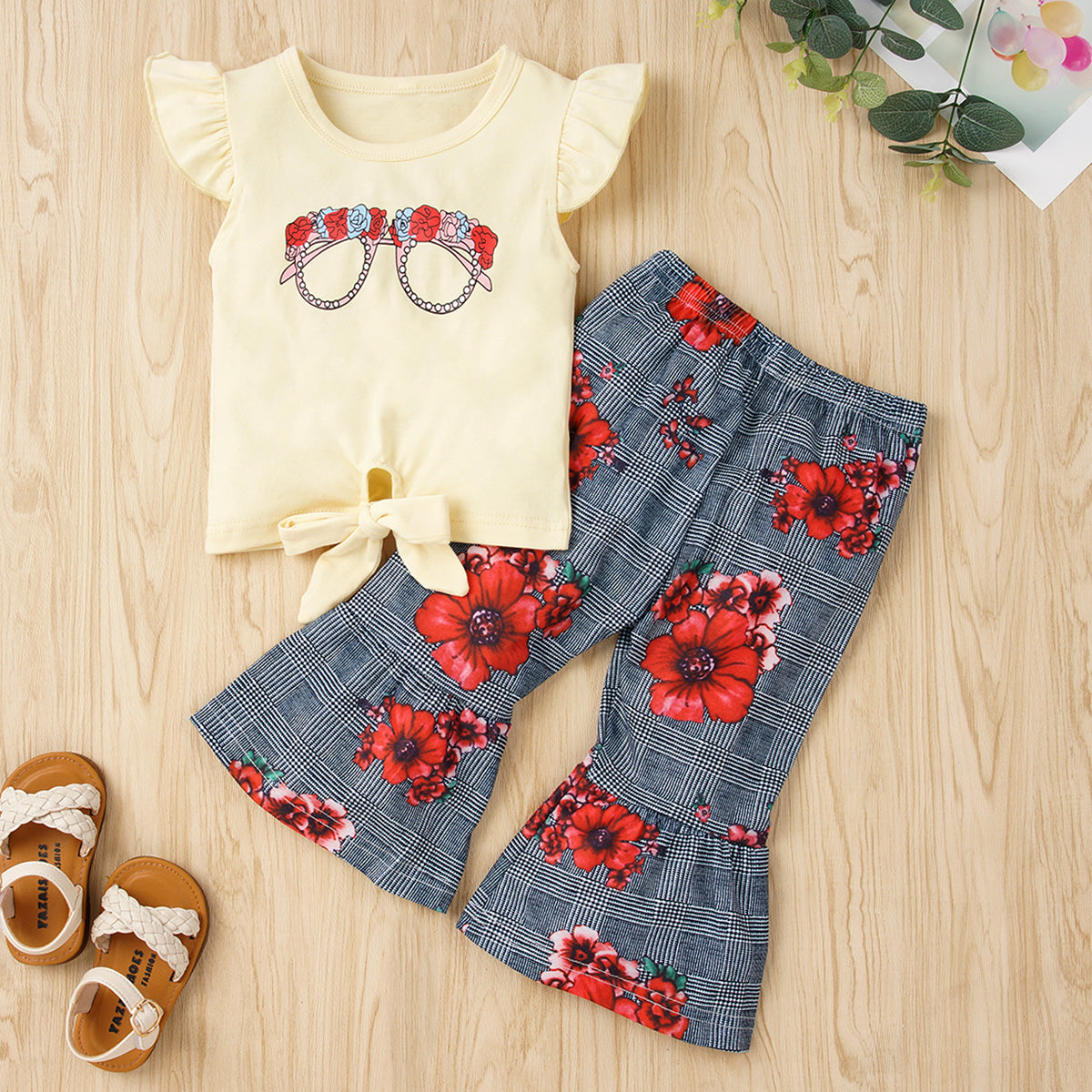 “Brickie Girls:The Justice” Graphic Tie Hem Top and Floral Flare Pants Set