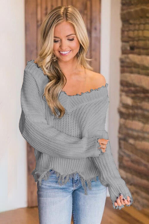 “The Deeply Loved” Frayed Hem Dropped Shoulder Sweater