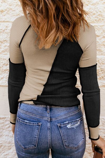 “The Tattered New Thing” Color Block Round Neck Long Sleeve T-Shirt