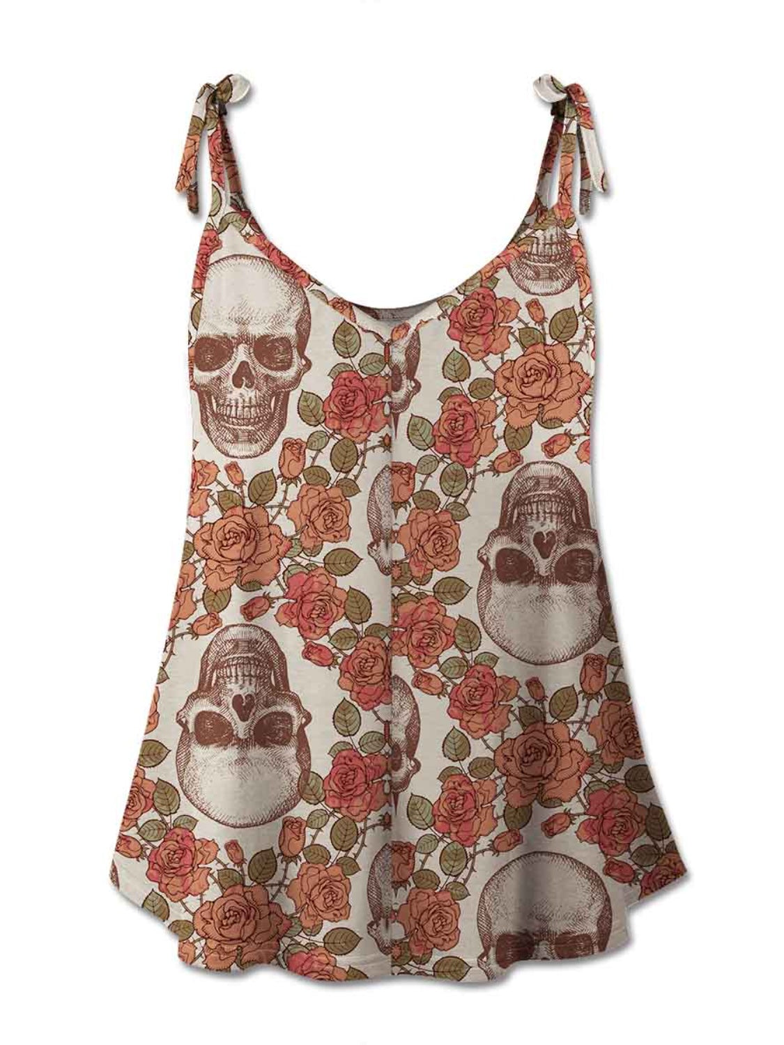 “The Roses Skull” Scoop Neck Tie Shoulder Cami