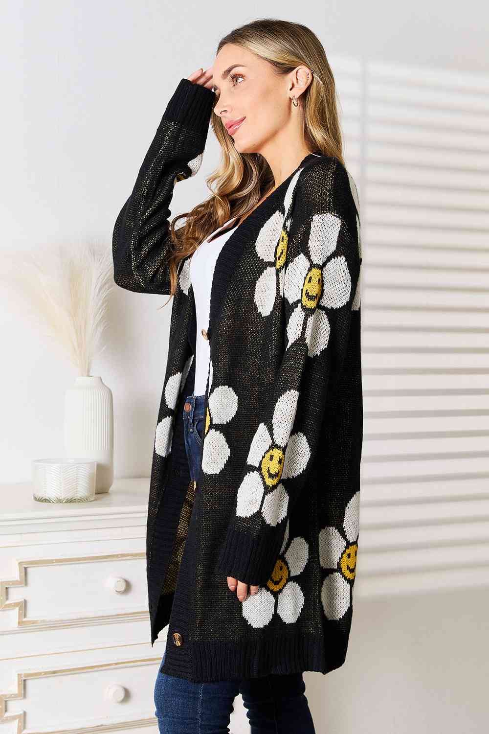 “The Double Daisy” Floral Button Down Longline Cardigan