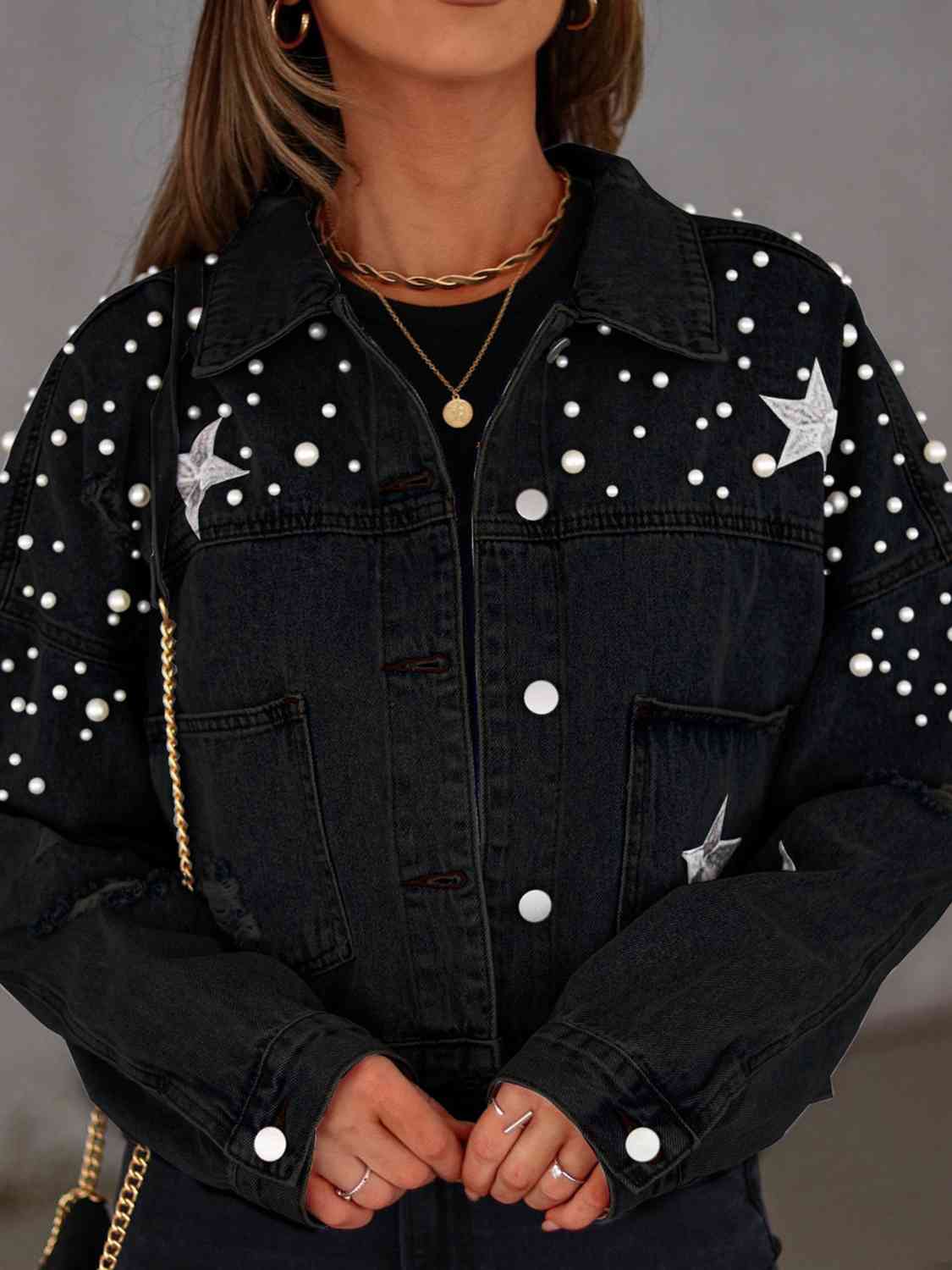 “The FELITA” Pearl Trim Button Up Denim Jacket with Pockets