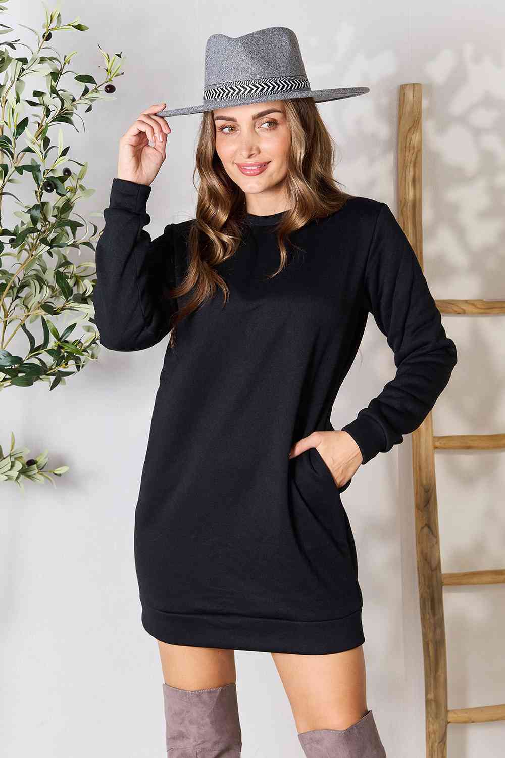 “The Nothing To Hide” Double Take Round Neck Long Sleeve Mini Dress with Pockets