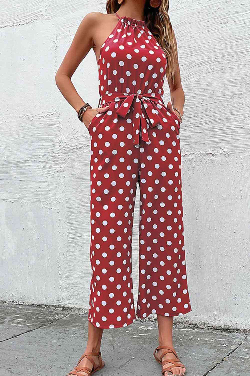 “The Corporate Picnic” Polka Dot Grecian Wide Leg Jumpsuit