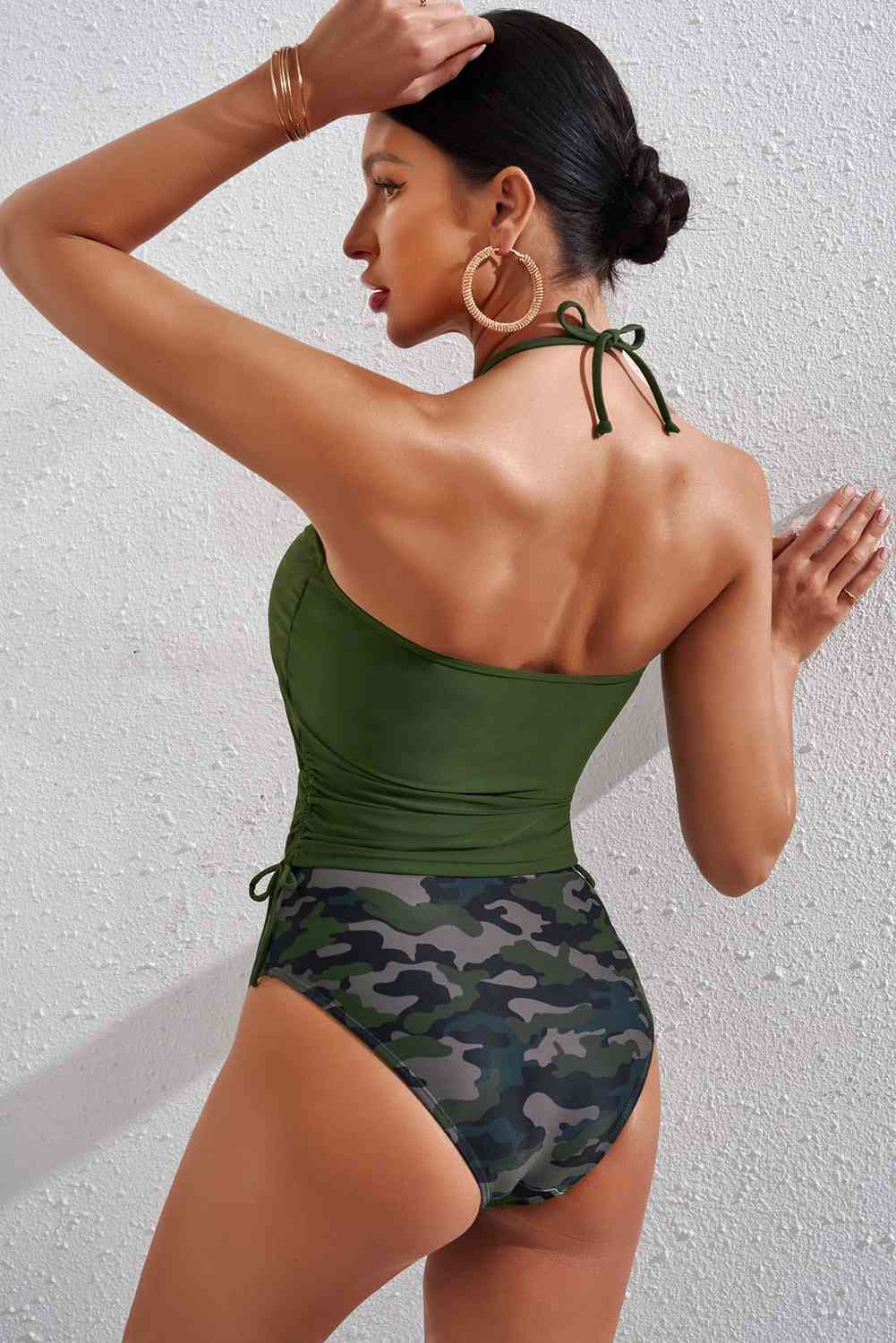 “The Soldier Gal” Drawstring Ruched Halter Neck Swim Top and Camouflage Bottoms Set