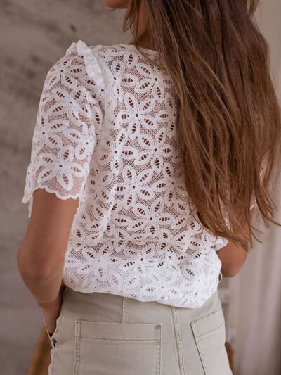 The Openwork” Round Neck Short Sleeve Blouse